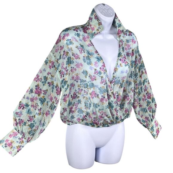 Zara NWT Womens S Floral Wrap Blouse Bell Sleeves Fairy Pastel Chiffon Crop Top - Picture 4 of 15